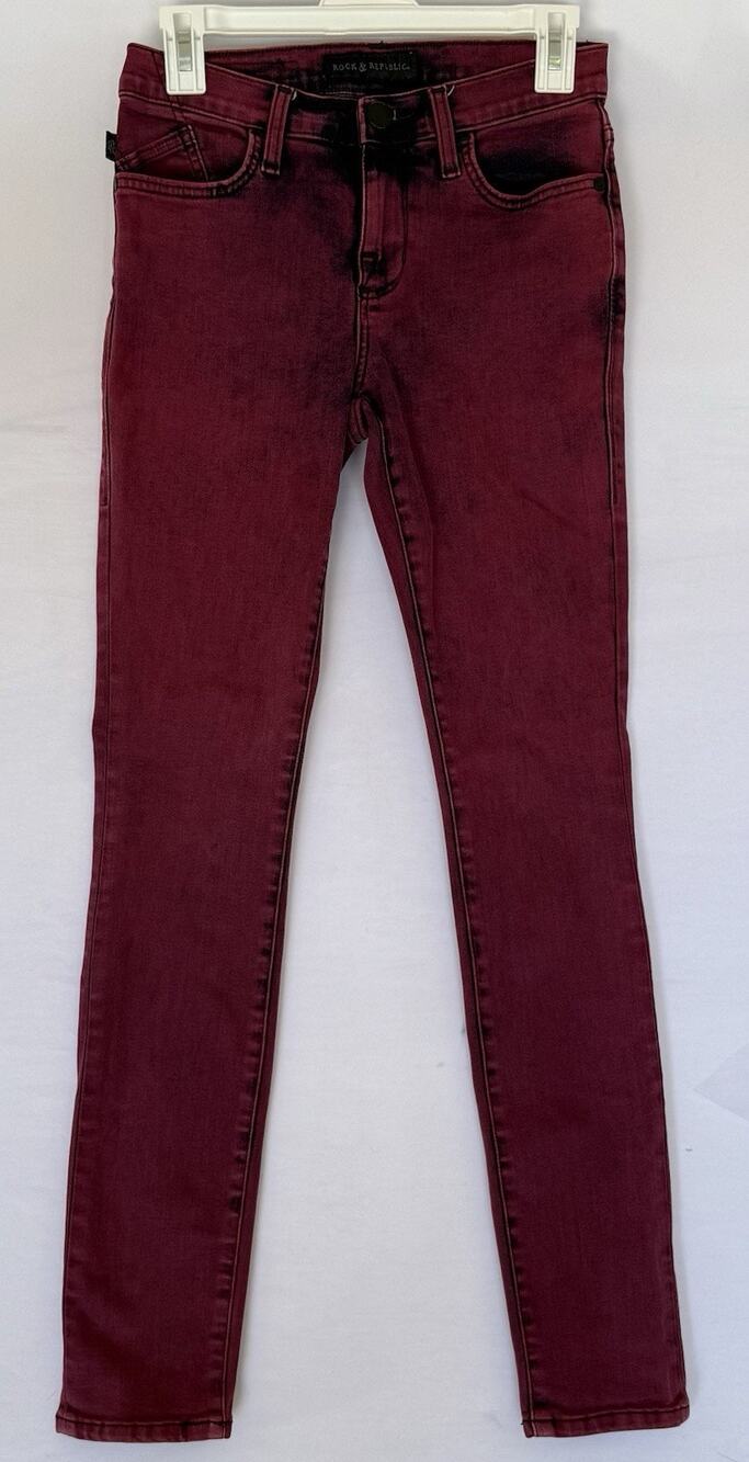 Rock & Republic Burgundy Acid Wash Skinny Jeans Women’s 2 A225